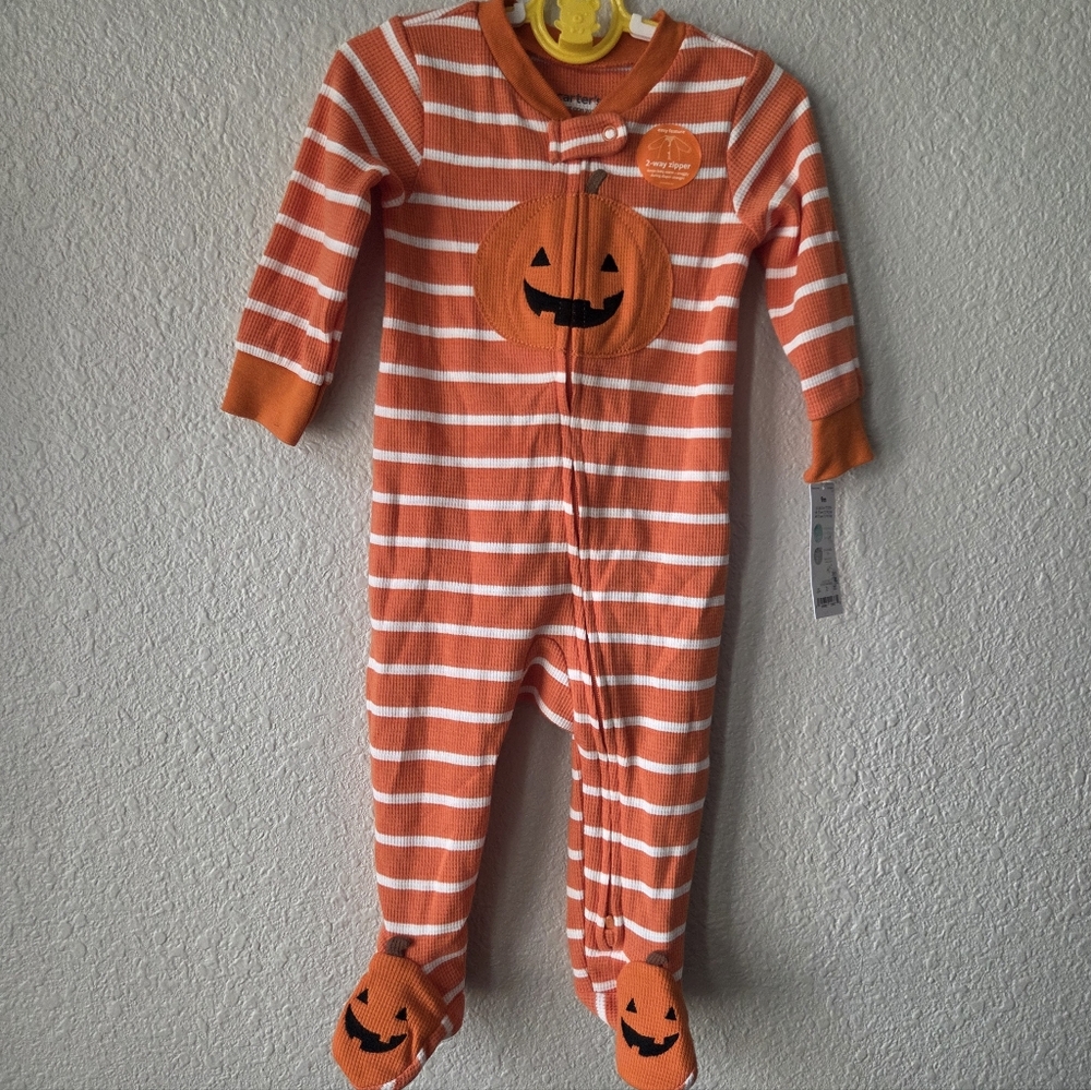 Carter's Baby Pumpkin Sleep N' Play Footie Pajama Orange Stripes Sz 9M Halloween